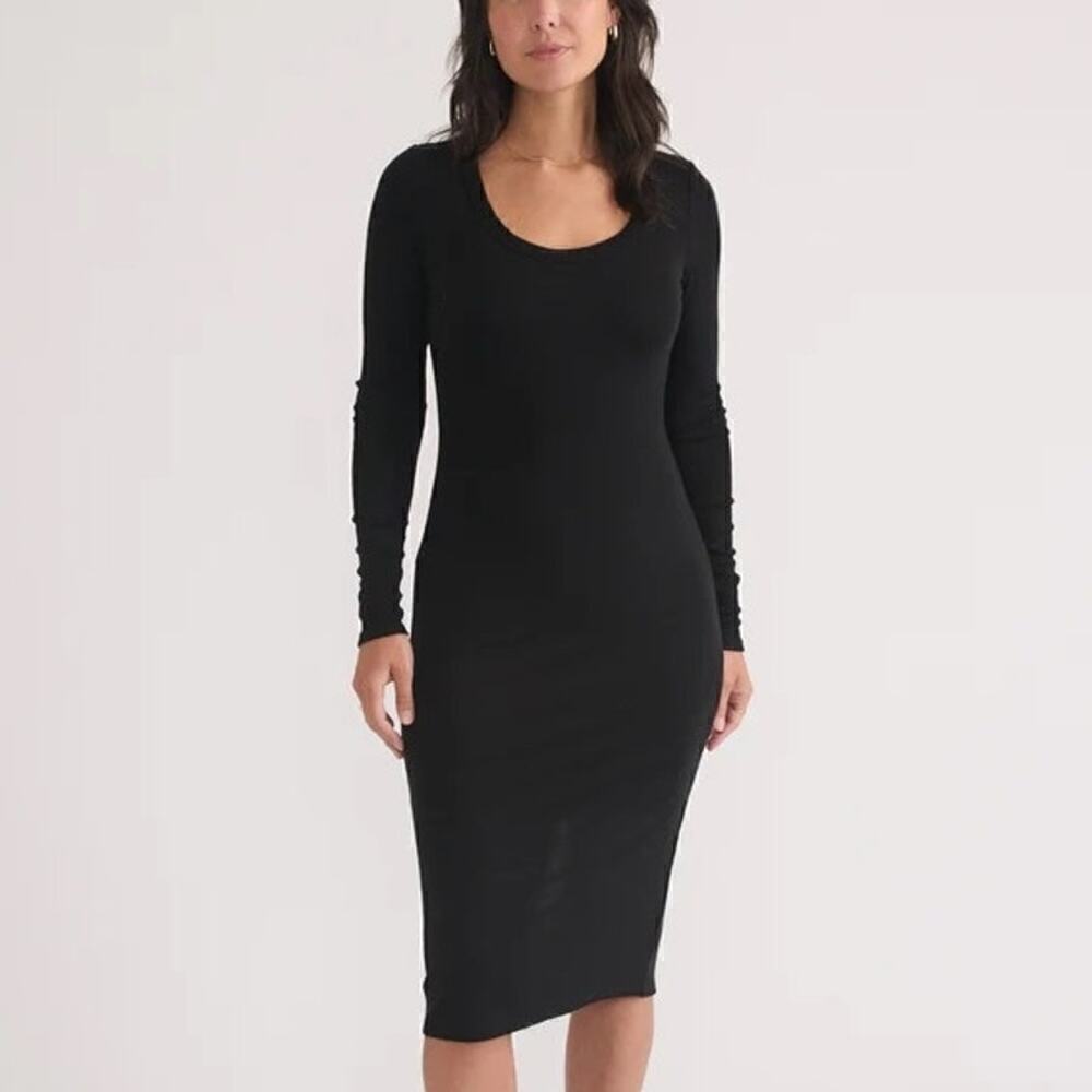 Marine Layer Lexi Dress Rib Long Sleeve Scoop Neck Bodycon Midi Black NWT Large